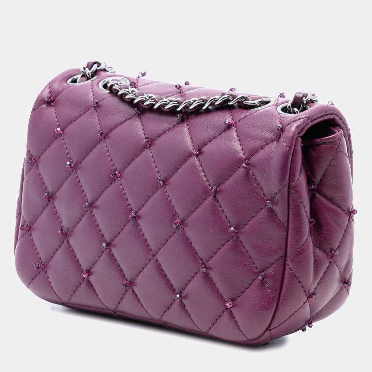 Pre Owned Chanel Purple Extra Mini Rectangular Lambskin Beaded Single Flap