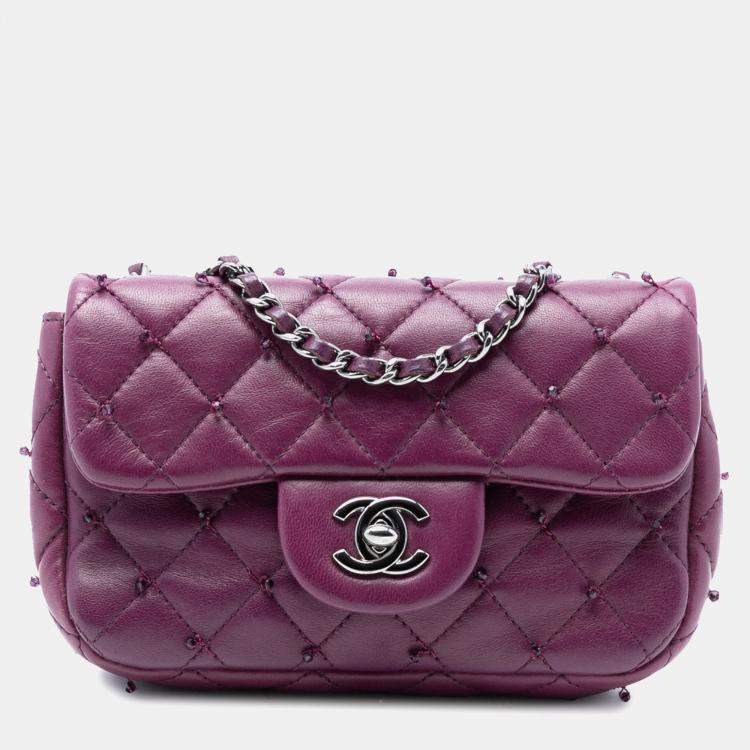 Pre Owned Chanel Purple Extra Mini Rectangular Lambskin Beaded Single Flap