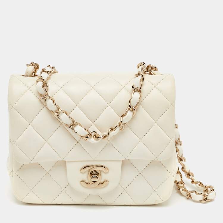 Pre Owned Chanel Classic Square Mini White Quilted Leather Single Flap Bag