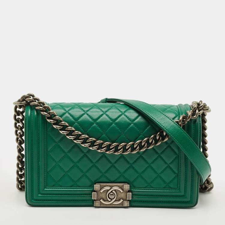 Pre Owned Chanel Boy Medium Green Quilted Leather Flap Bag
