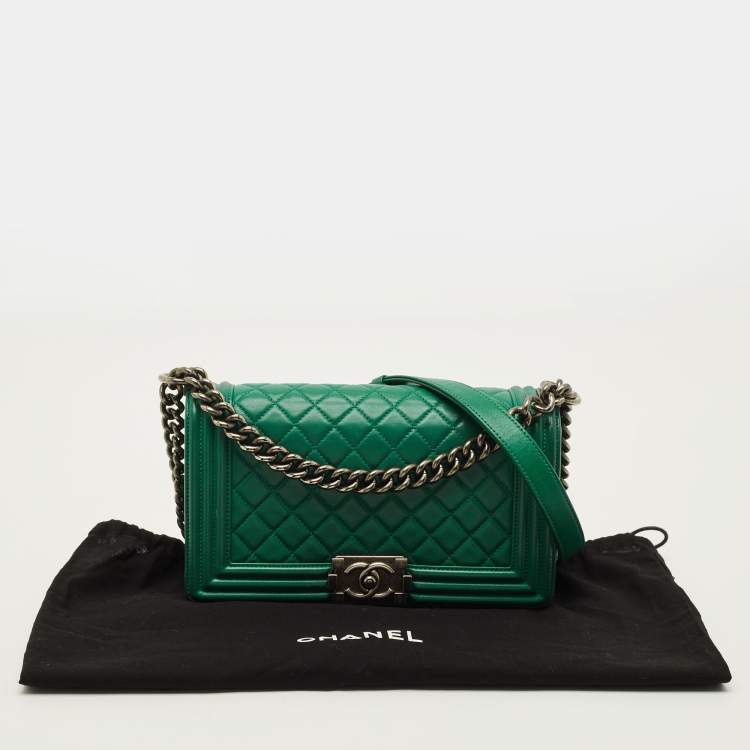 Pre Owned Chanel Boy Medium Green Quilted Leather Flap Bag