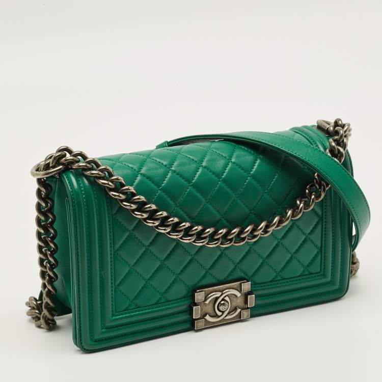 Pre Owned Chanel Boy Medium Green Quilted Leather Flap Bag