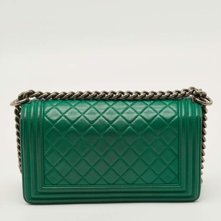 Pre Owned Chanel Boy Medium Green Quilted Leather Flap Bag
