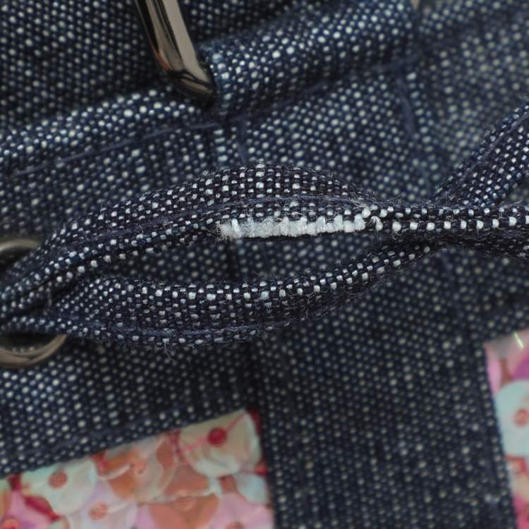 Pre Owned Chanel Blue Multicolor Denim and Sequins Drawstring Bucket Bag