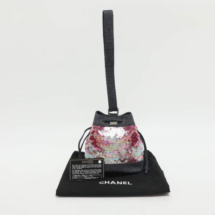 Pre Owned Chanel Blue Multicolor Denim and Sequins Drawstring Bucket Bag