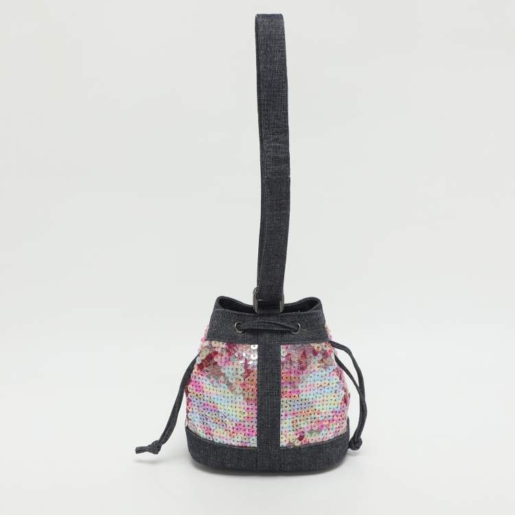 Pre Owned Chanel Blue Multicolor Denim and Sequins Drawstring Bucket Bag