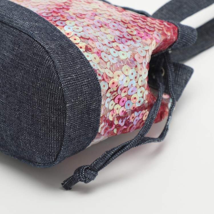 Pre Owned Chanel Blue Multicolor Denim and Sequins Drawstring Bucket Bag