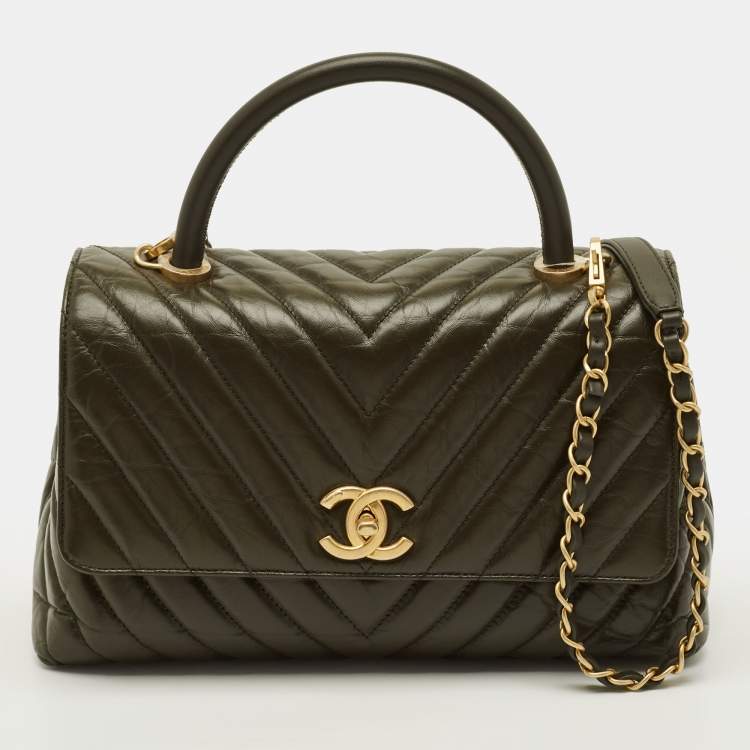 Pre Owned Chanel Coco Small Olive Green Aged Lather Top Handle Bag
