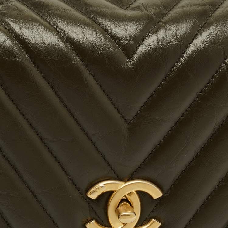 Pre Owned Chanel Coco Small Olive Green Aged Lather Top Handle Bag