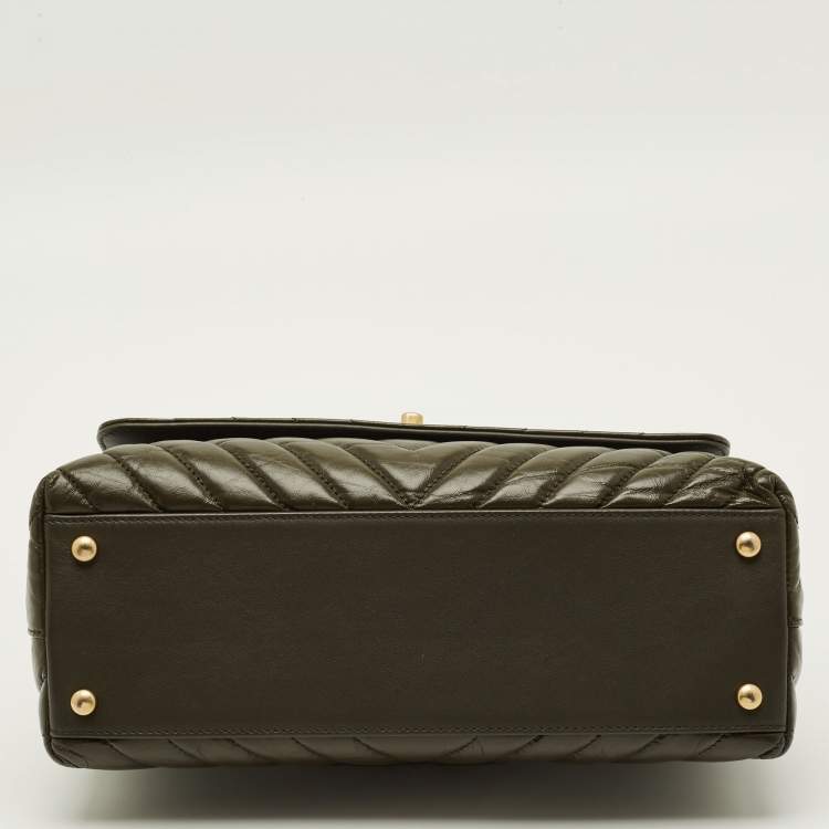 Pre Owned Chanel Coco Small Olive Green Aged Lather Top Handle Bag