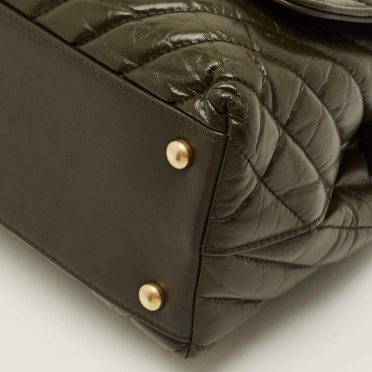 Pre Owned Chanel Coco Small Olive Green Aged Lather Top Handle Bag