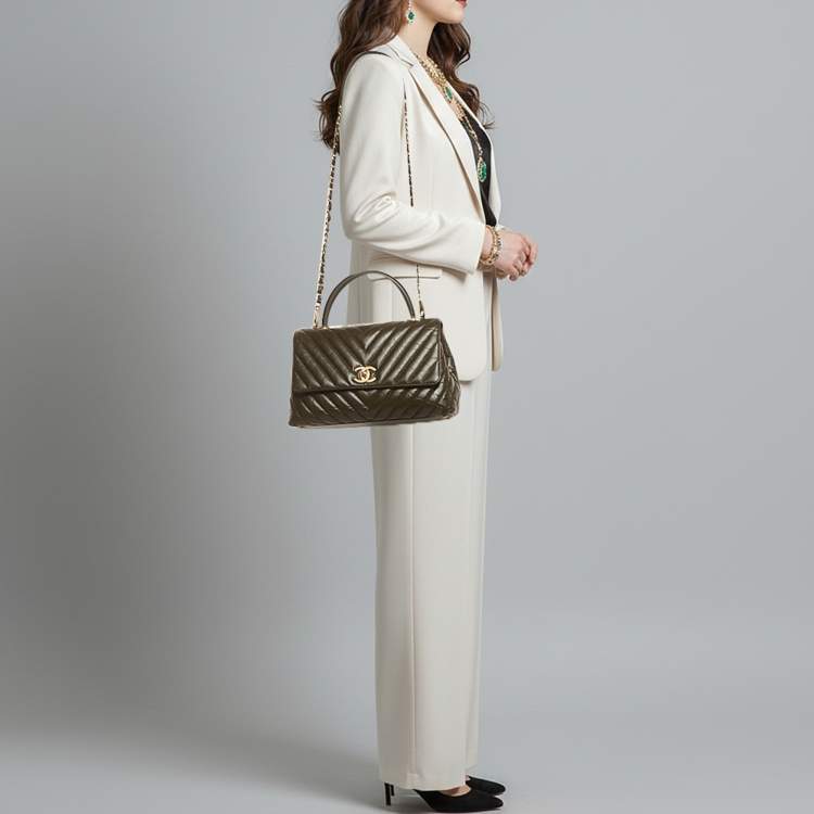 Pre Owned Chanel Coco Small Olive Green Aged Lather Top Handle Bag