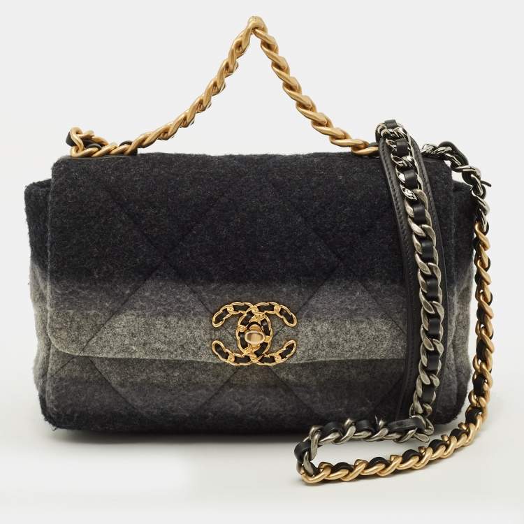Pre Owned Chanel 19 Small Ombre Grey Quilted Wool and Leather Flap Bag