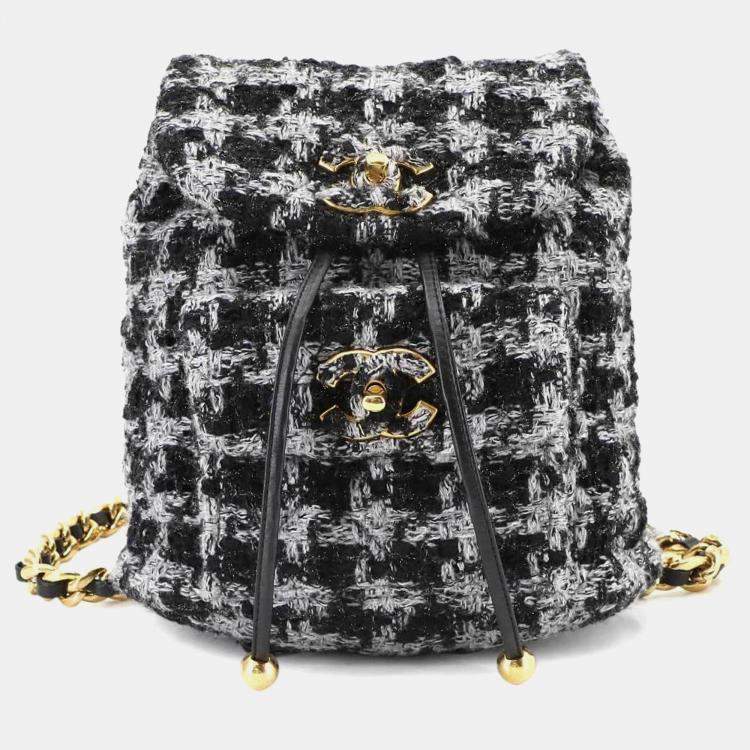 Pre Owned Chanel Coco Mark Chain Backpack In Tweed Leather And Black/Gray