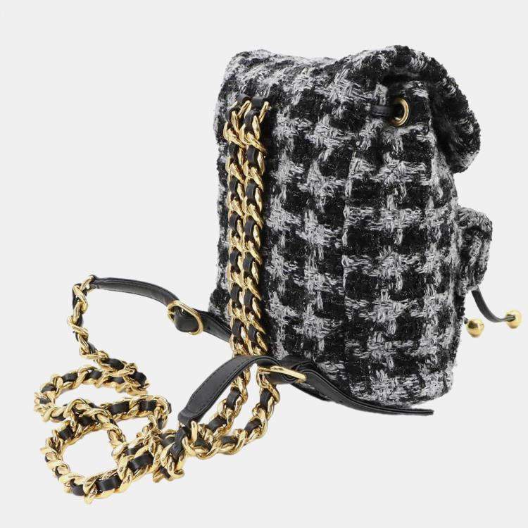 Pre Owned Chanel Coco Mark Chain Backpack In Tweed Leather And Black/Gray