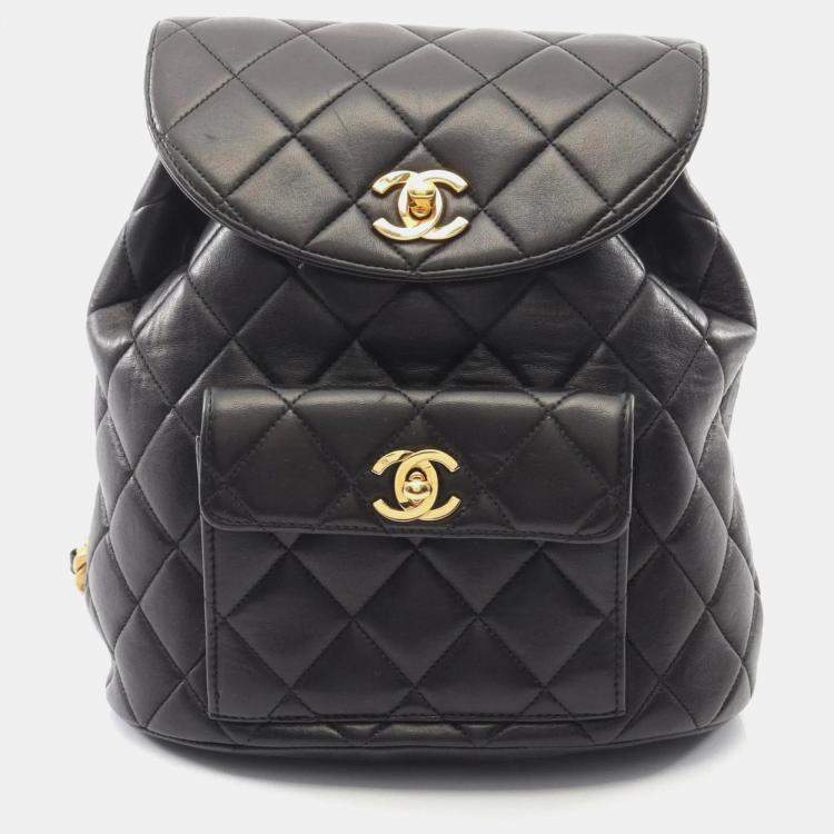 Pre Owned Chanel Matelasse Backpack Bag In Lambskin Leather Black
