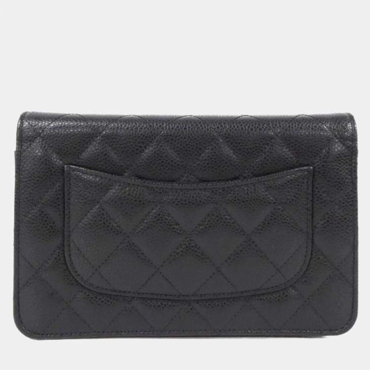 Pre Owned Chanel Timeless Classic Line Black Calf Leather Chain  Wallet