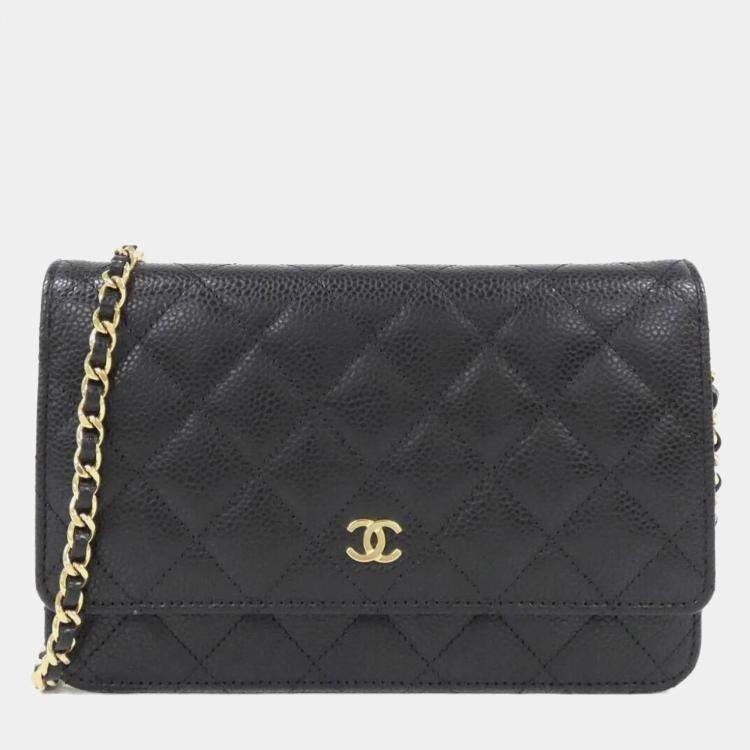 Pre Owned Chanel Timeless Classic Line Black Calf Leather Chain  Wallet