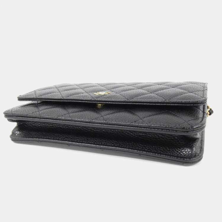 Pre Owned Chanel Timeless Classic Line Black Calf Leather Chain  Wallet