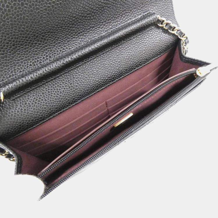 Pre Owned Chanel Timeless Classic Line Black Calf Leather Chain  Wallet