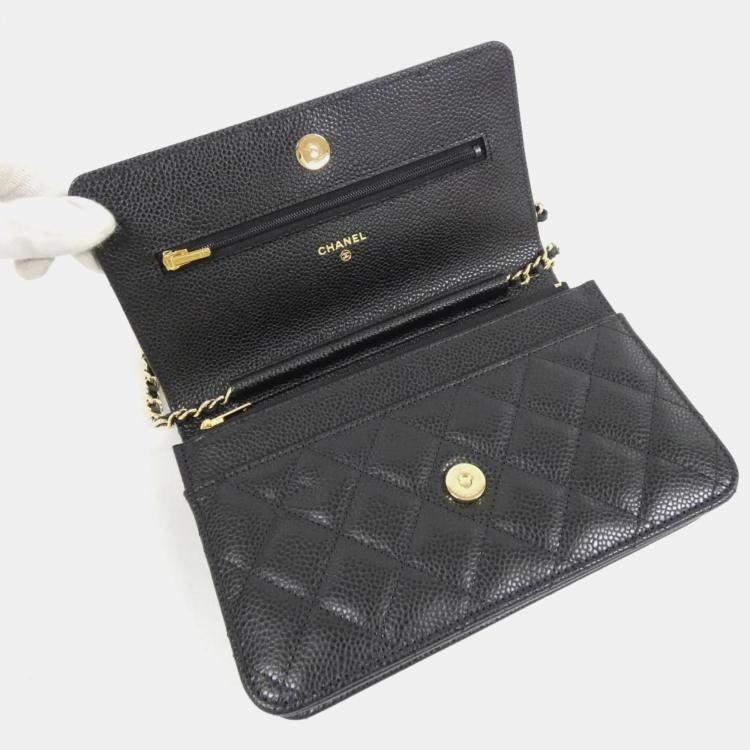 Pre Owned Chanel Timeless Classic Line Black Calf Leather Chain  Wallet