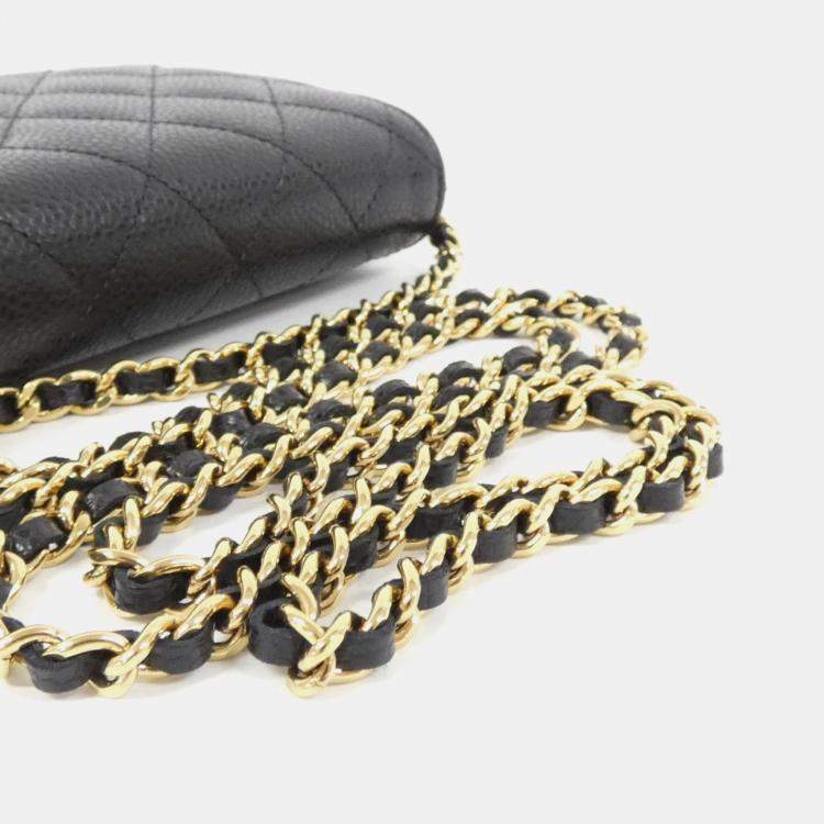 Pre Owned Chanel Timeless Classic Line Black Calf Leather Chain  Wallet