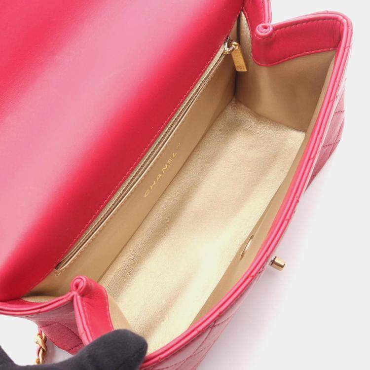 Pre Owned Chanel Matelasse Top Handle Shoulder Bag In Lambskin Leather Red