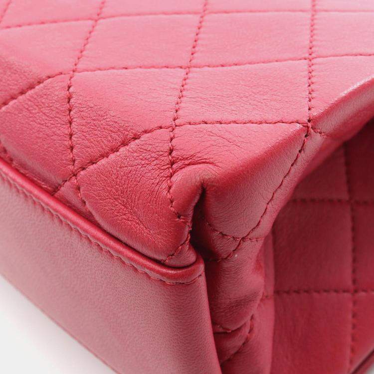 Pre Owned Chanel Matelasse Top Handle Shoulder Bag In Lambskin Leather Red