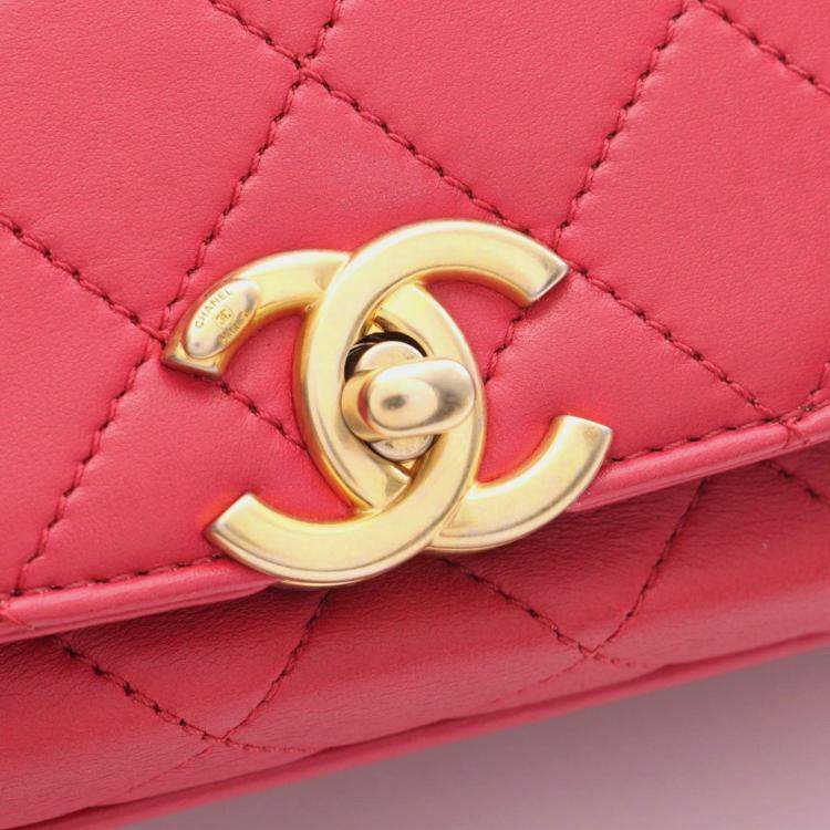 Pre Owned Chanel Matelasse Top Handle Shoulder Bag In Lambskin Leather Red