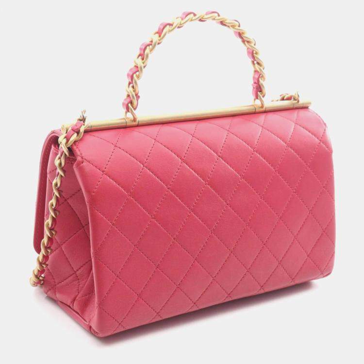 Pre Owned Chanel Matelasse Top Handle Shoulder Bag In Lambskin Leather Red