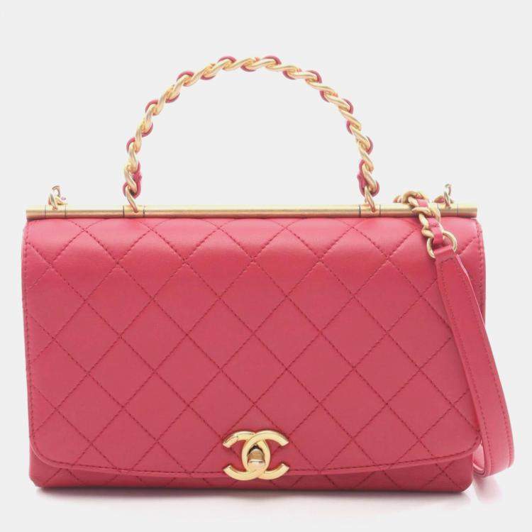Pre Owned Chanel Matelasse Top Handle Shoulder Bag In Lambskin Leather Red
