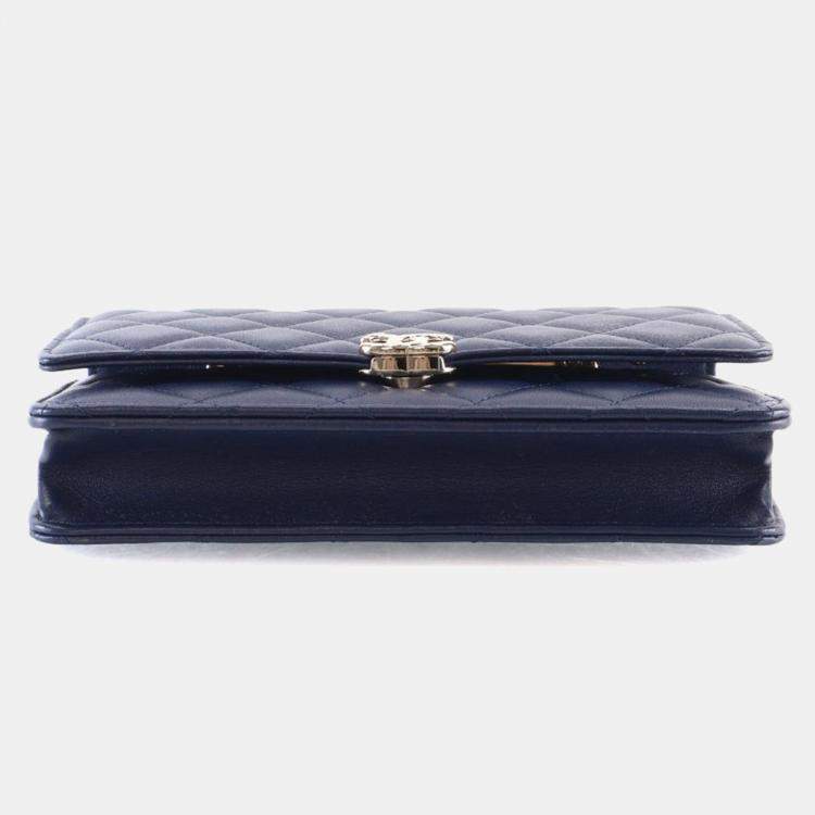 Pre Owned Chanel Navy Blue Lambskin Top Handle Wallet On Chain (WOC)