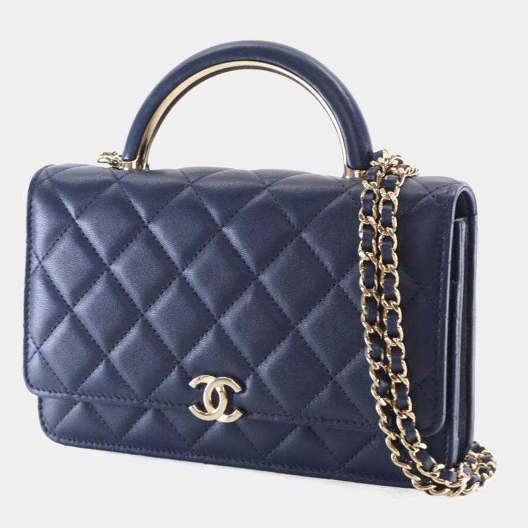 Pre Owned Chanel Navy Blue Lambskin Top Handle Wallet On Chain (WOC)