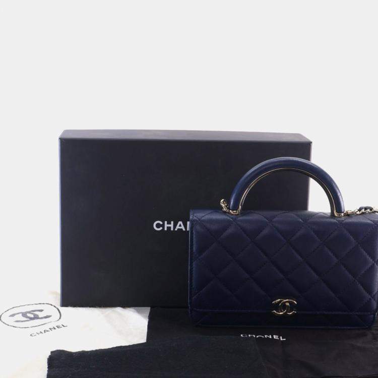 Pre Owned Chanel Navy Blue Lambskin Top Handle Wallet On Chain (WOC)