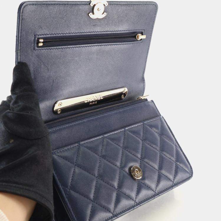 Pre Owned Chanel Navy Blue Lambskin Top Handle Wallet On Chain (WOC)