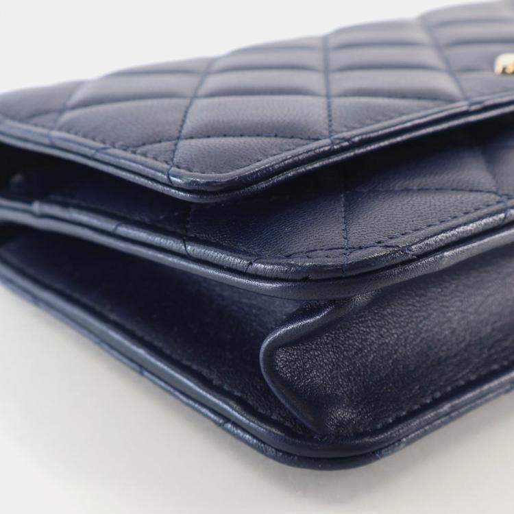 Pre Owned Chanel Navy Blue Lambskin Top Handle Wallet On Chain (WOC)