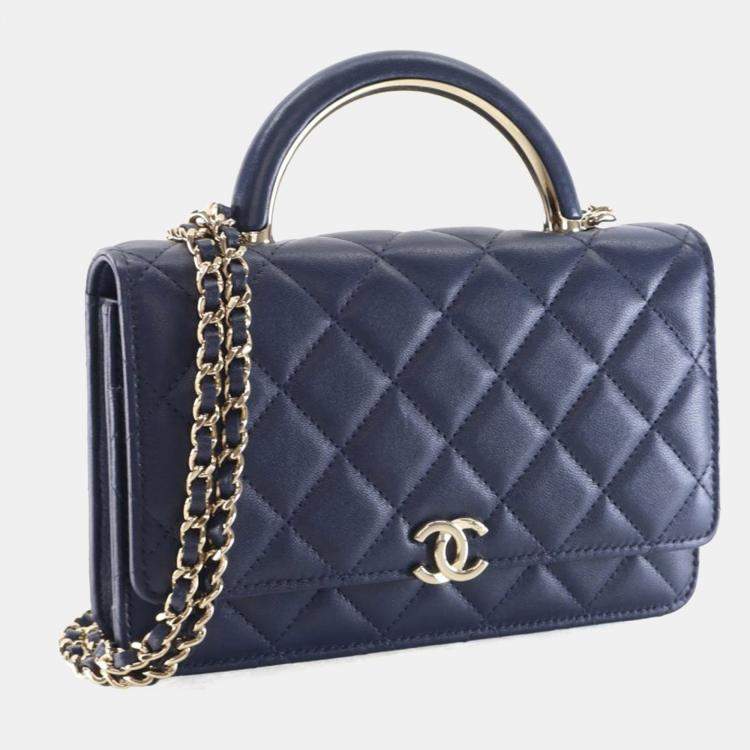 Pre Owned Chanel Navy Blue Lambskin Top Handle Wallet On Chain (WOC)