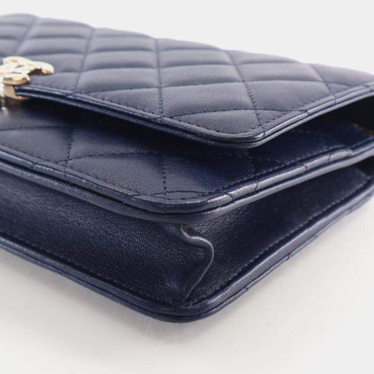Pre Owned Chanel Navy Blue Lambskin Top Handle Wallet On Chain (WOC)