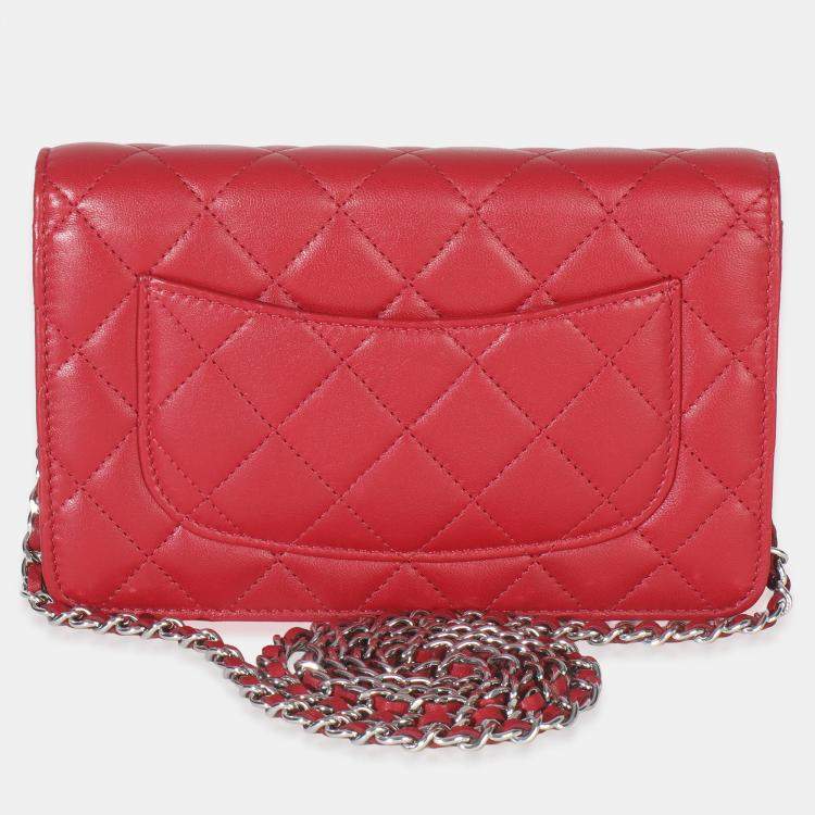 Pre Owned Chanel Rouge Red Quilted Lambskin Classic Wallet On Chain