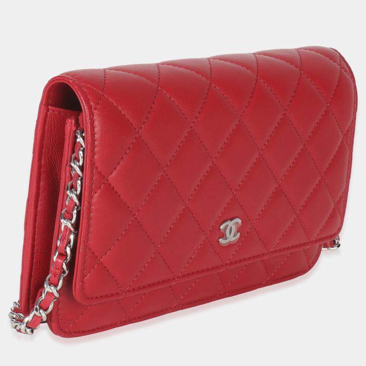 Pre Owned Chanel Rouge Red Quilted Lambskin Classic Wallet On Chain