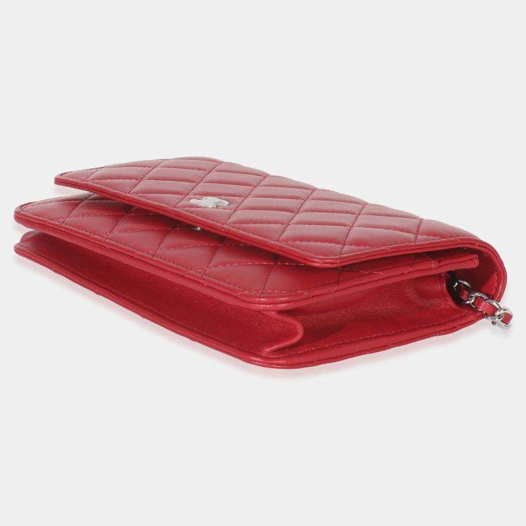 Pre Owned Chanel Rouge Red Quilted Lambskin Classic Wallet On Chain