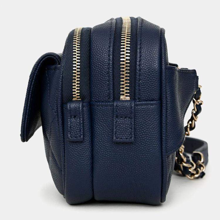 Pre Owned Chanel 2019-20 Navy Caviar Leather Casual Trip Belt Bag with Insert