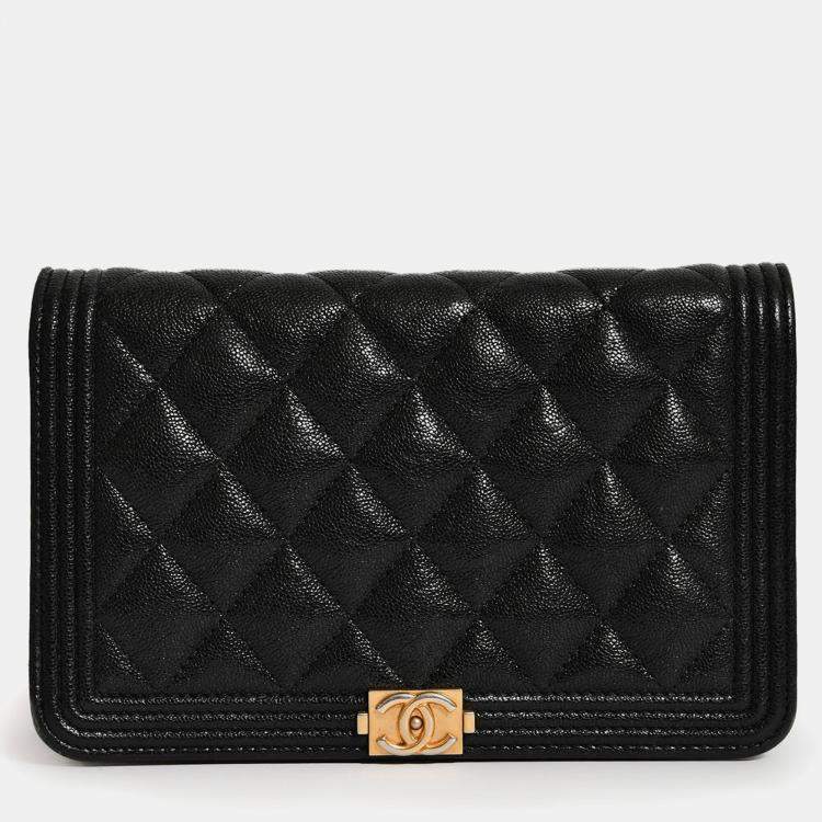 Pre Owned Chanel 2018/19 Black Caviar Leather CC Boy Wallet on Chain