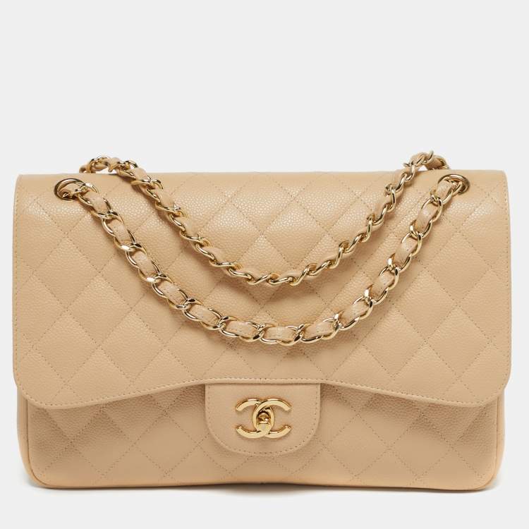 Pre Owned Chanel Classic Double Flap Jumbo Beige Quilted Caviar Leather Bag