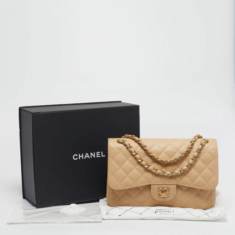 Pre Owned Chanel Classic Double Flap Jumbo Beige Quilted Caviar Leather Bag