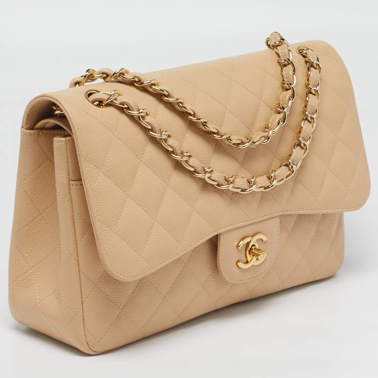 Pre Owned Chanel Classic Double Flap Jumbo Beige Quilted Caviar Leather Bag