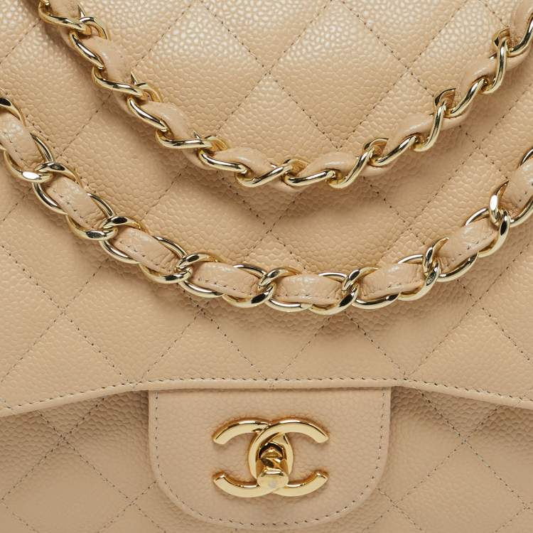 Pre Owned Chanel Classic Double Flap Jumbo Beige Quilted Caviar Leather Bag