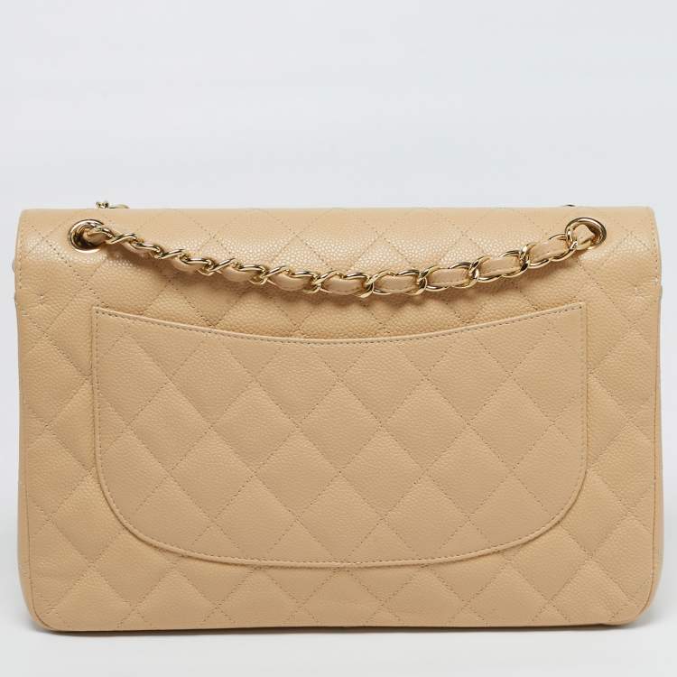 Pre Owned Chanel Classic Double Flap Jumbo Beige Quilted Caviar Leather Bag
