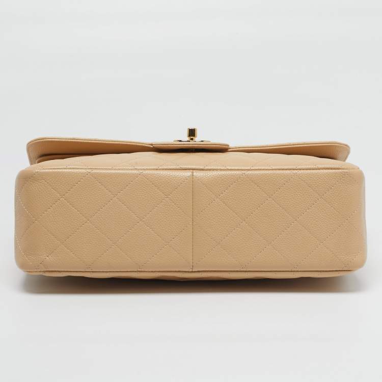 Pre Owned Chanel Classic Double Flap Jumbo Beige Quilted Caviar Leather Bag
