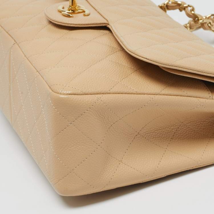 Pre Owned Chanel Classic Double Flap Jumbo Beige Quilted Caviar Leather Bag